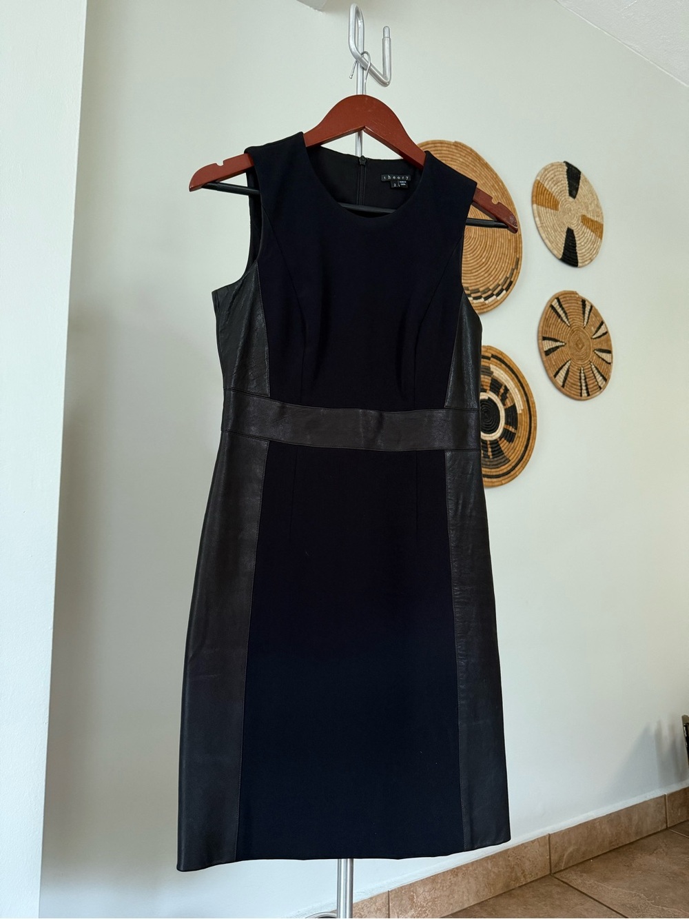 Theory Black Leather-Trim Midi Sheath Dress